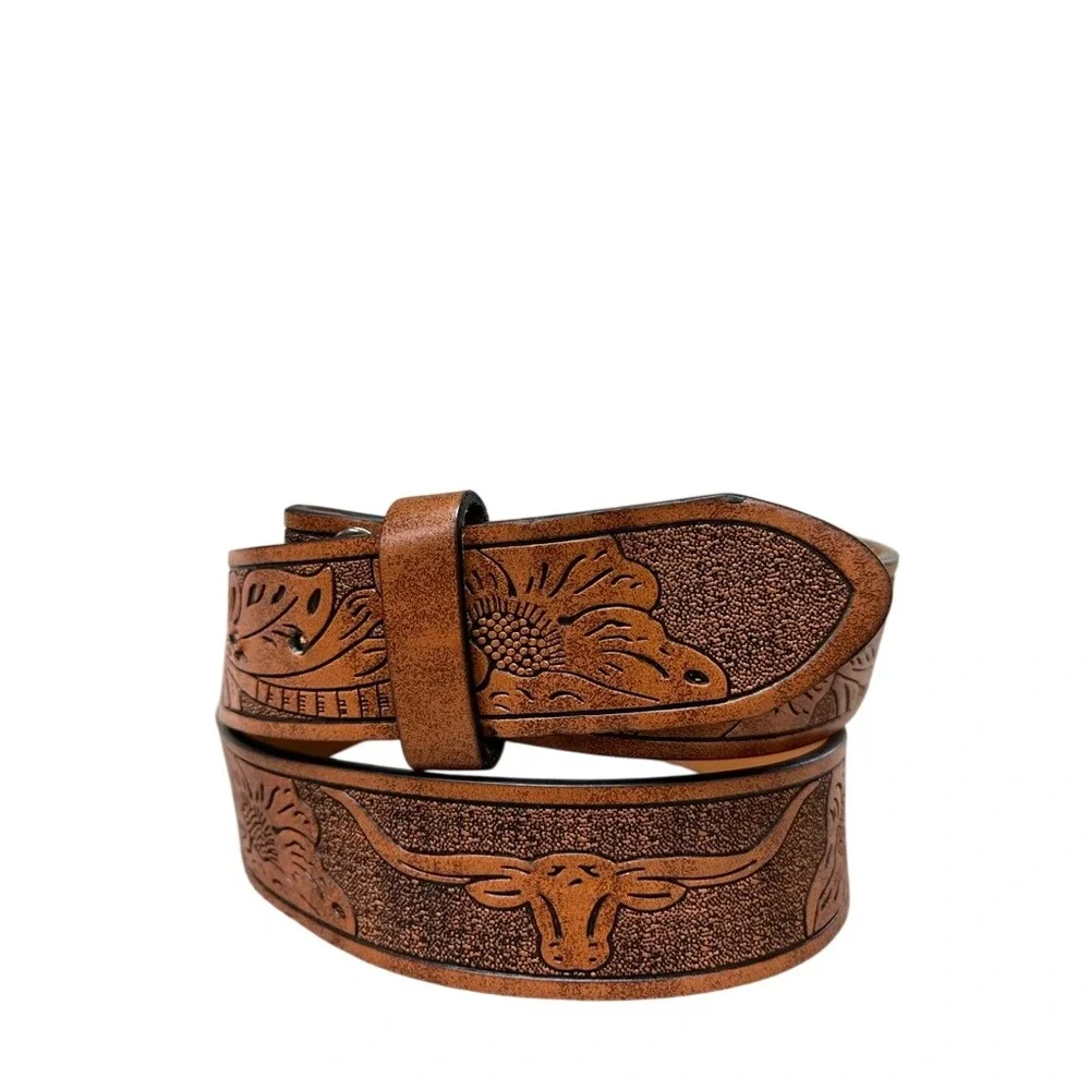 Western Floral Tooled Leather Belt Longhorn Steer Tan Brown Snap On No Buckle